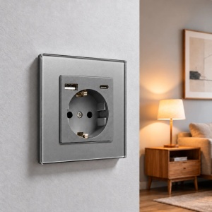 Стенен контакт с рамка от закалено стъкло, USB-A и USB-C портове, iUni UC2, 16A, сребрист - Img 2