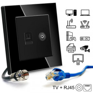 Телевизионен + интернет контакт RJ45, Cat6, рамка от закалено стъкло, iUni TDS, черен - Img 2