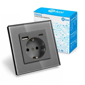 Wandsteckdose mit Rahmen aus gehärtetem Glas, USB-A- und USB-C-Anschlüssen, iUni UC2, 16A, silberfarben