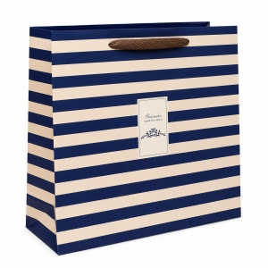 Pungă Cadou Mare 46x15x35 cm, Model Dungi Bleumarin și Crem, cu Mâner Textil, KRM5429.3