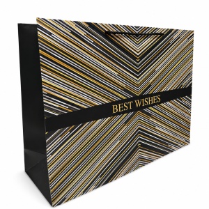 Pungă de Cadou 46.5 x 35.5 x 15 cm Premium „Best Wishes”, Carton Gros cu Fund Dublu, Mânere Textile, Model Geometric Alb-Auriu, Set 12 Bucăți - KRM5427