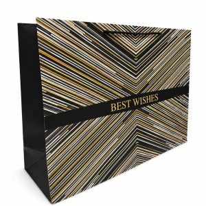 Pungă de Cadou 46.5 x 35.5 x 15 cm Premium „Best Wishes”, Carton Gros cu Fund Dublu, Mânere Textile, Model Geometric Alb-Auriu, Set 12 Bucăți - KRM5427