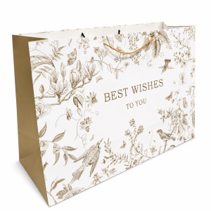 Pungă de Cadou 60 x 40 x 22 cm Premium „Best Wishes”, Carton Gros cu Fund Dublu, Mânere Textile, Model Botanic Argintiu-Auriu, Set 12 Bucăți - KRMP075.BEST