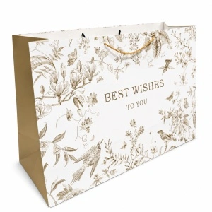 Pungă de Cadou 60 x 40 x 22 cm Premium „Best Wishes”, Carton Gros cu Fund Dublu, Mânere Textile, Model Botanic Argintiu-Auriu, Set 12 Bucăți - KRMP075.BEST
