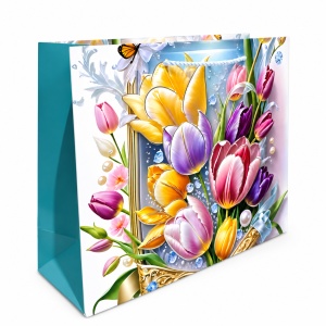 Pungi Cadou Premium 38 x 32 x 12 cm, Carton Gros cu Fund Dublu, Set 12 Bucăți, 4 Modele Florale Elegante, Mânere Textile Rezistente – KRMP077.FLORAL - Img 4