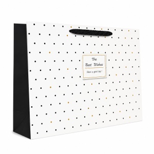 Pungă Cadou Lată 35x15x46 cm, Albă cu Buline Negre și Accente Aurii, Mâner Textil, pentru Cadouri Voluminoase, Set 12 Bucăți, KRM5429.1