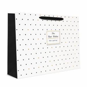 Pungă Cadou Lată 35x15x46 cm, Albă cu Buline Negre și Accente Aurii, Mâner Textil, pentru Cadouri Voluminoase, Set 12 Bucăți, KRM5429.1