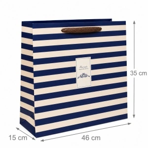 Pungă Cadou Mare 46x15x35 cm, Model Dungi Bleumarin și Crem, cu Mâner Textil, KRM5429.3 - Img 2