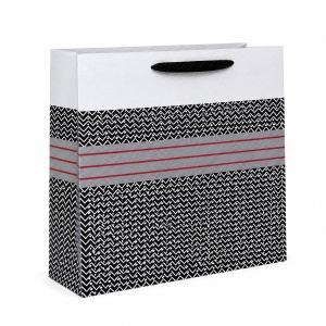 Pungă Cadou Mare 46x15x35 cm, Model Alb-Negru cu Dungi Roșii, cu Mâner Textil, KRM5429.2