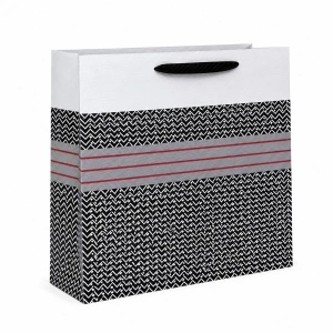 Pungă Cadou Mare 46x15x35 cm, Model Alb-Negru cu Dungi Roșii, cu Mâner Textil, KRM5429.2