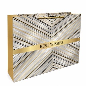Pungă de Cadou 46.5 x 35.5 x 15 cm Premium „Best Wishes”, Carton Gros cu Fund Dublu, Mânere Textile, Model Geometric Alb-Auriu, Set 12 Bucăți - KRM5427 - Img 2