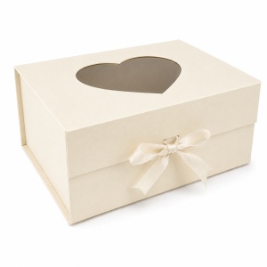 Cutie Cadou Pliabilă 39x28x17 cm cu Fereastră Inimă, Carton Rigid Premium, Panglică Satin și Stickere Autoadezive – KRM5197