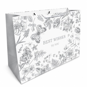 Pungă de Cadou 60 x 40 x 22 cm Premium „Best Wishes”, Carton Gros cu Fund Dublu, Mânere Textile, Model Botanic Argintiu-Auriu, Set 12 Bucăți - KRMP075.BEST - Img 2