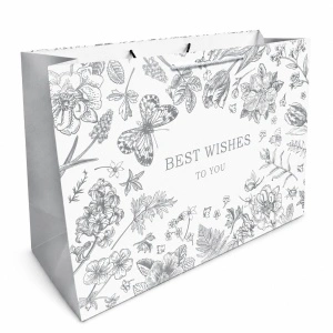 Pungă de Cadou 60 x 40 x 22 cm Premium „Best Wishes”, Carton Gros cu Fund Dublu, Mânere Textile, Model Botanic Argintiu-Auriu, Set 12 Bucăți - KRMP075.BEST - Img 2
