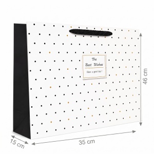 Pungă Cadou Lată 35x15x46 cm, Albă cu Buline Negre și Accente Aurii, Mâner Textil, pentru Cadouri Voluminoase, Set 12 Bucăți, KRM5429.1 - Img 2