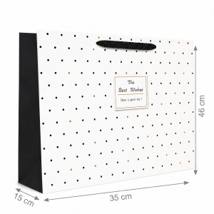 Pungă Cadou Lată 35x15x46 cm, Albă cu Buline Negre și Accente Aurii, Mâner Textil, pentru Cadouri Voluminoase, Set 12 Bucăți, KRM5429.1 - Img 2
