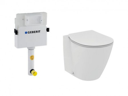 Vas wc stativ lipit de perete cu capac slim soft close Connect Ideal Standard si rezervor incastrat Geberit Delta UP 100
