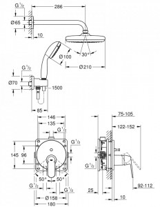 25219001  Sistem de dus incastrat Grohe Eurosmart Cosmopolitan Tempesta 210 schita tehnica 