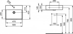 K077701 Lavoar Strada Ideal Standard, 50 cm schita tehnica 