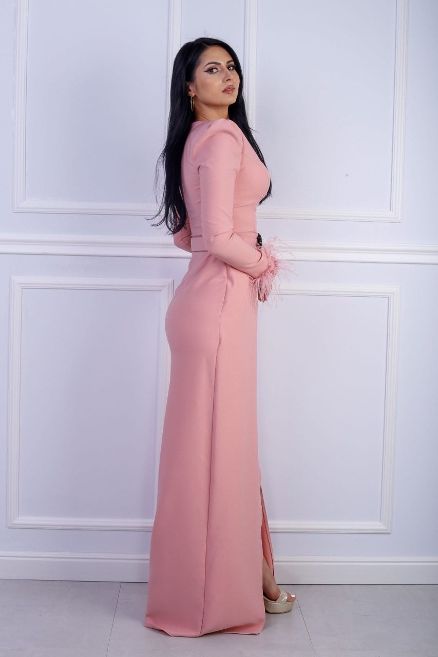 Rochie dama eleganta CARLA roz pudra accesorizata la maneci si bust - 2 | YEO