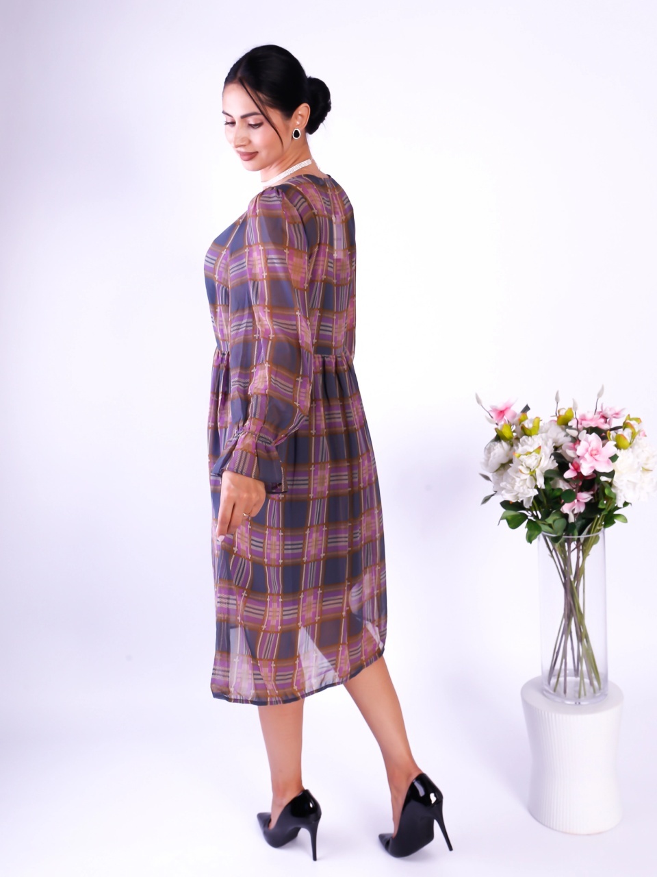 Rochie dama midi cu maneca lunga din voal in carouri Pieces Criss - 1 | YEO