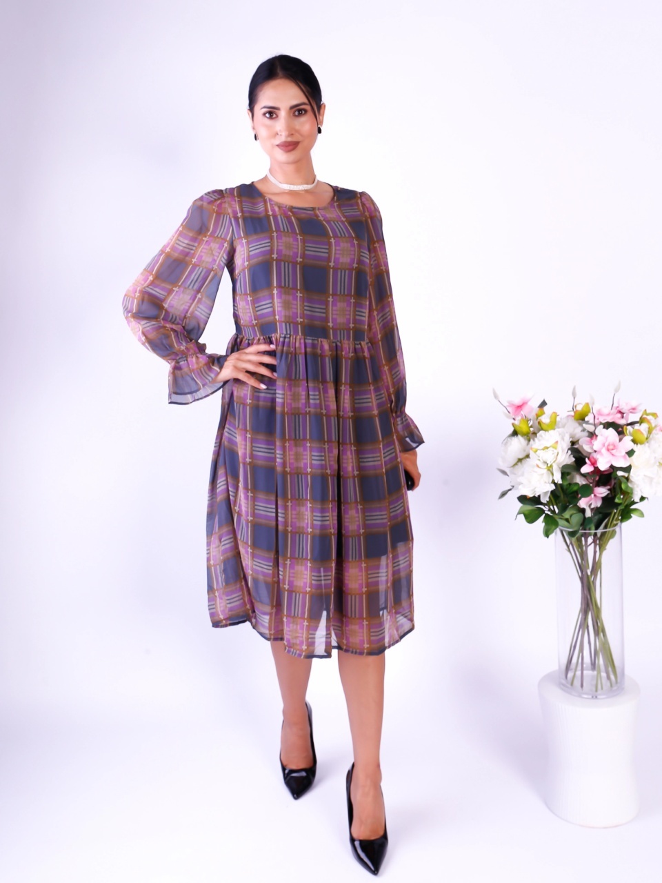 Rochie dama midi cu maneca lunga din voal in carouri Pieces Criss - 2 | YEO