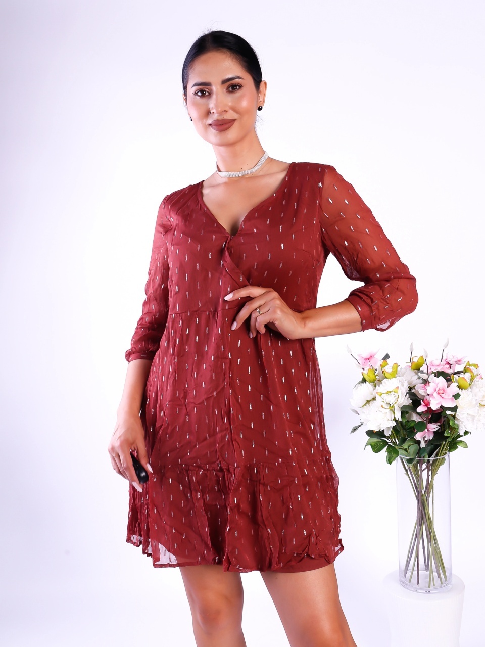 Rochie dama scurta din voal maro cu decolteu in V METTE About You - 3 | YEO