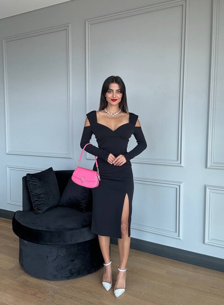 Rochie eleganta midi cu maneca lunga negru