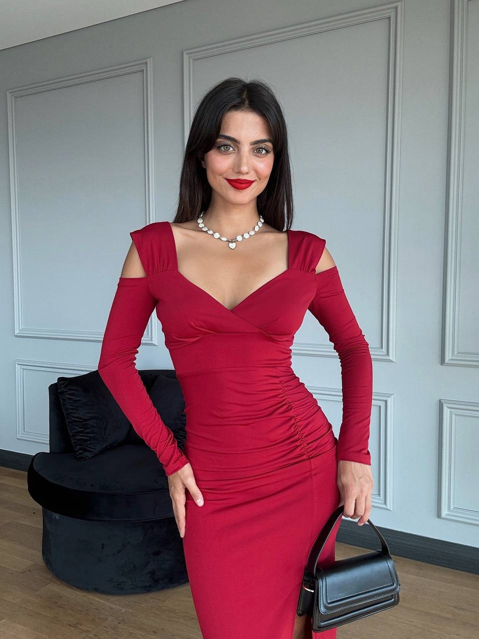 Rochie eleganta midi cu maneca lunga rosu - 1 | YEO