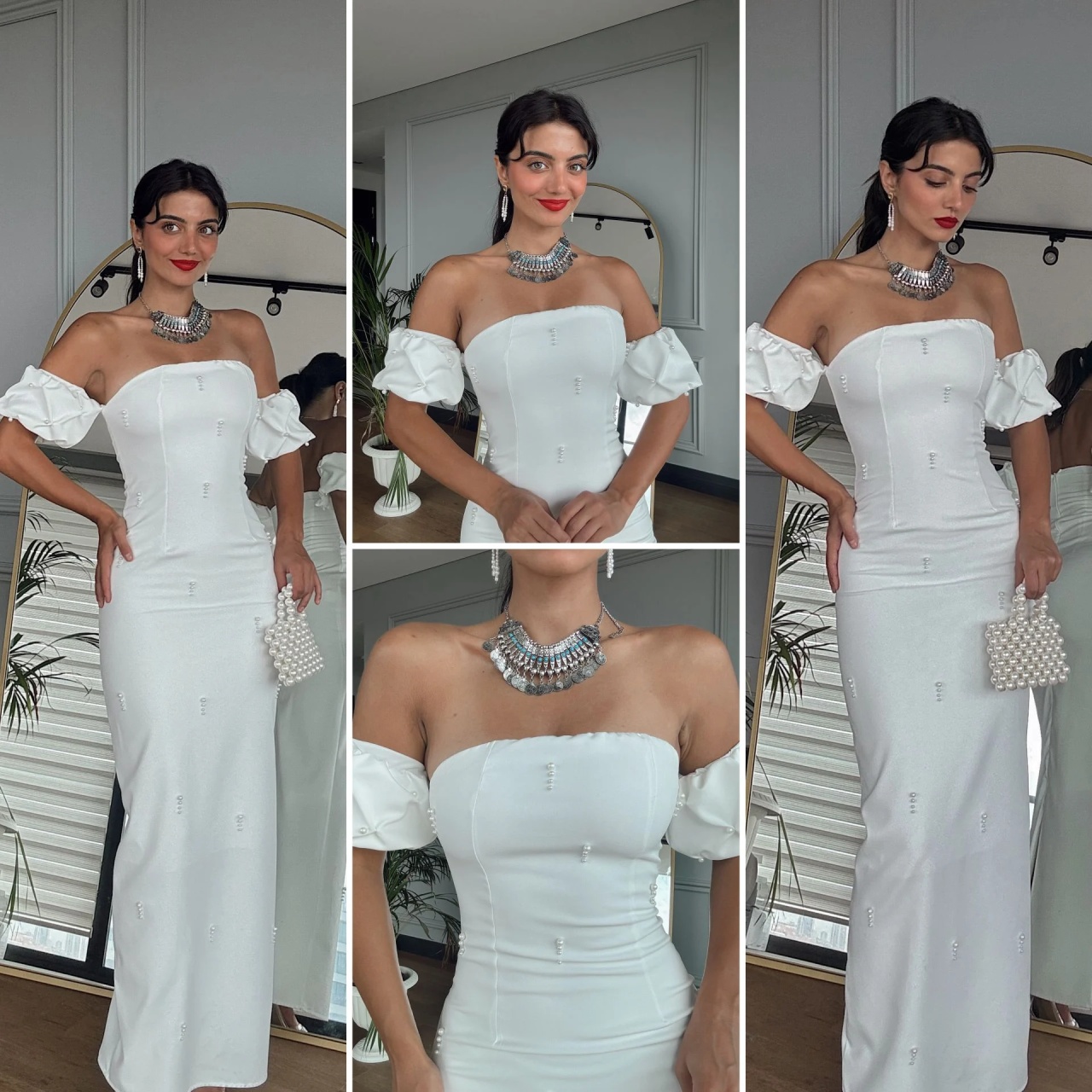 Rochie Alba Elegantă Lunga cu Umeri Goi și Aplicații Perlate - 3 | YEO