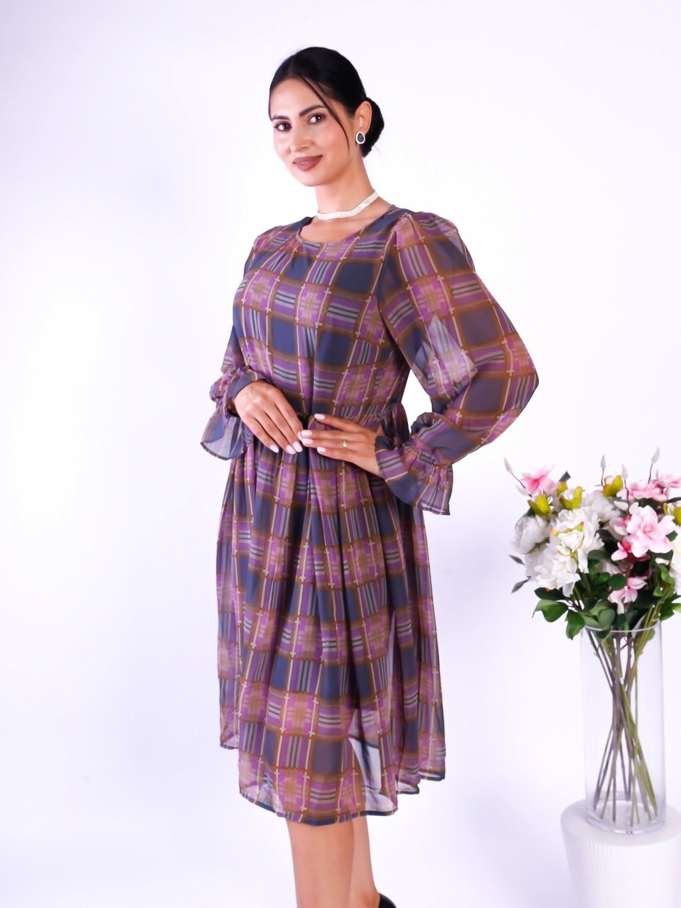 Rochie dama midi cu maneca lunga din voal in carouri Pieces Criss