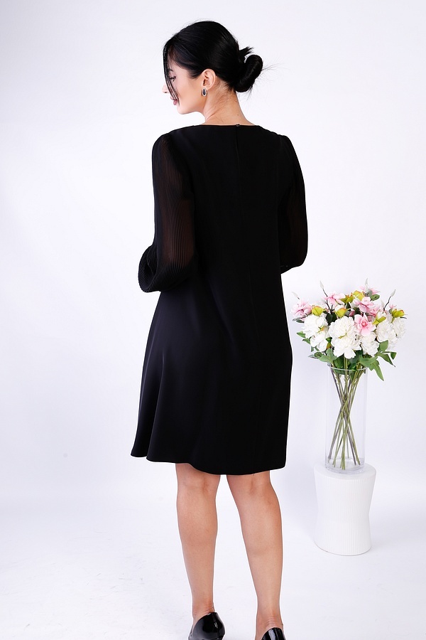 Rochie Neagra Elegantă cu Mâneci Plisate și Fundă Alba - 1 | YEO