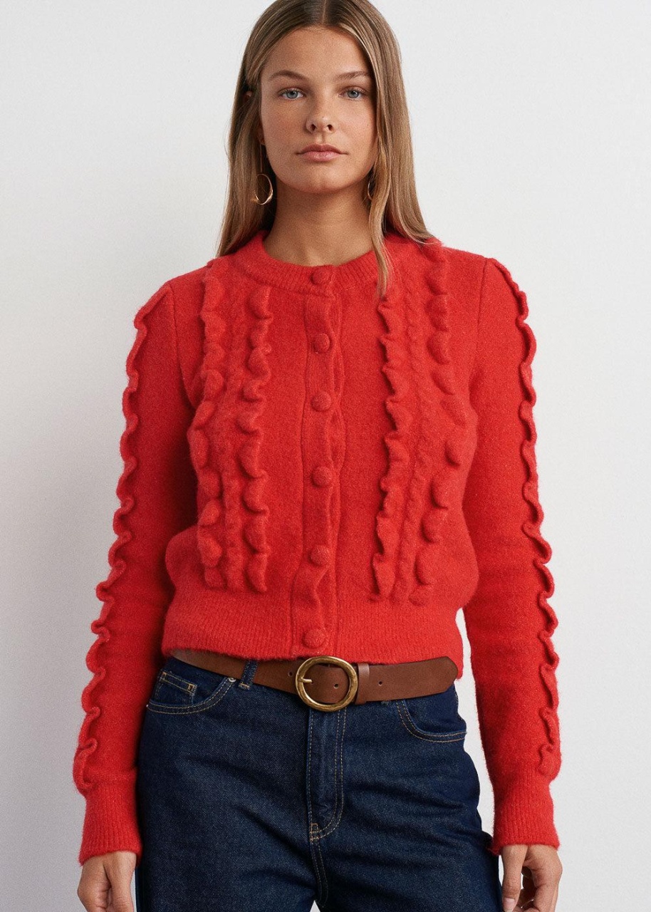 Cardigan dama Tricotat cu Volane Rosu