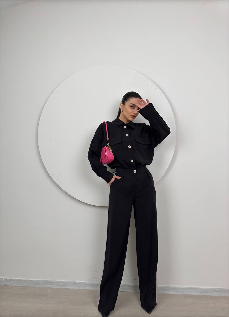 Compleu casual damă Erikanegru cu bluza lejeră și pantaloni comozi