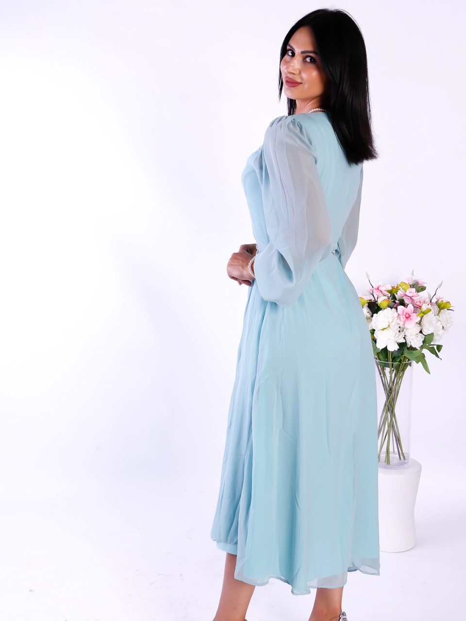 Rochie Albastră Elegantă cu Mâneci din Dantelă – Stil Feminin - 1 | YEO