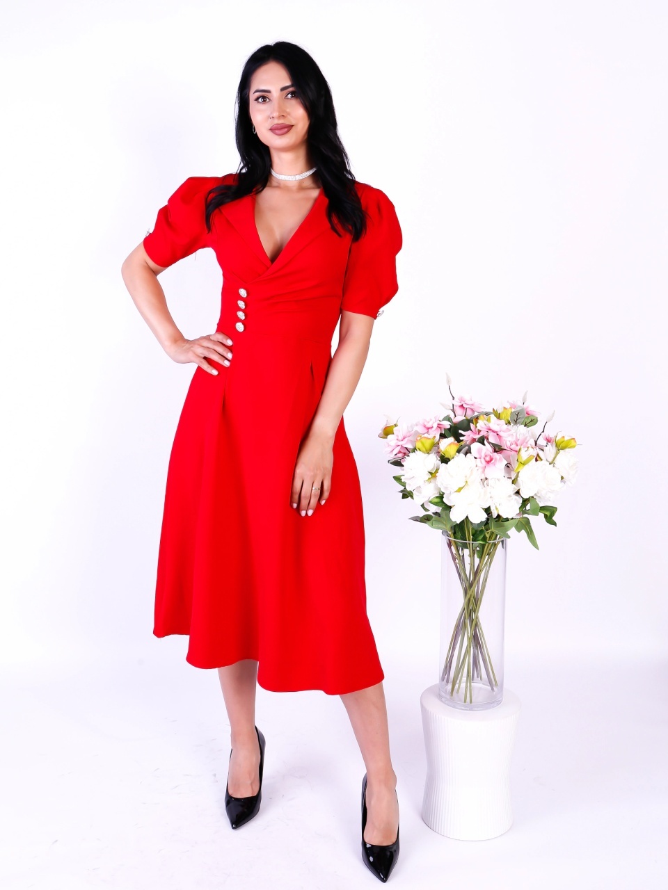 Rochie damă elegantă rosie Gabriela – croi clasic pentru ocazii speciale - 1 | YEO