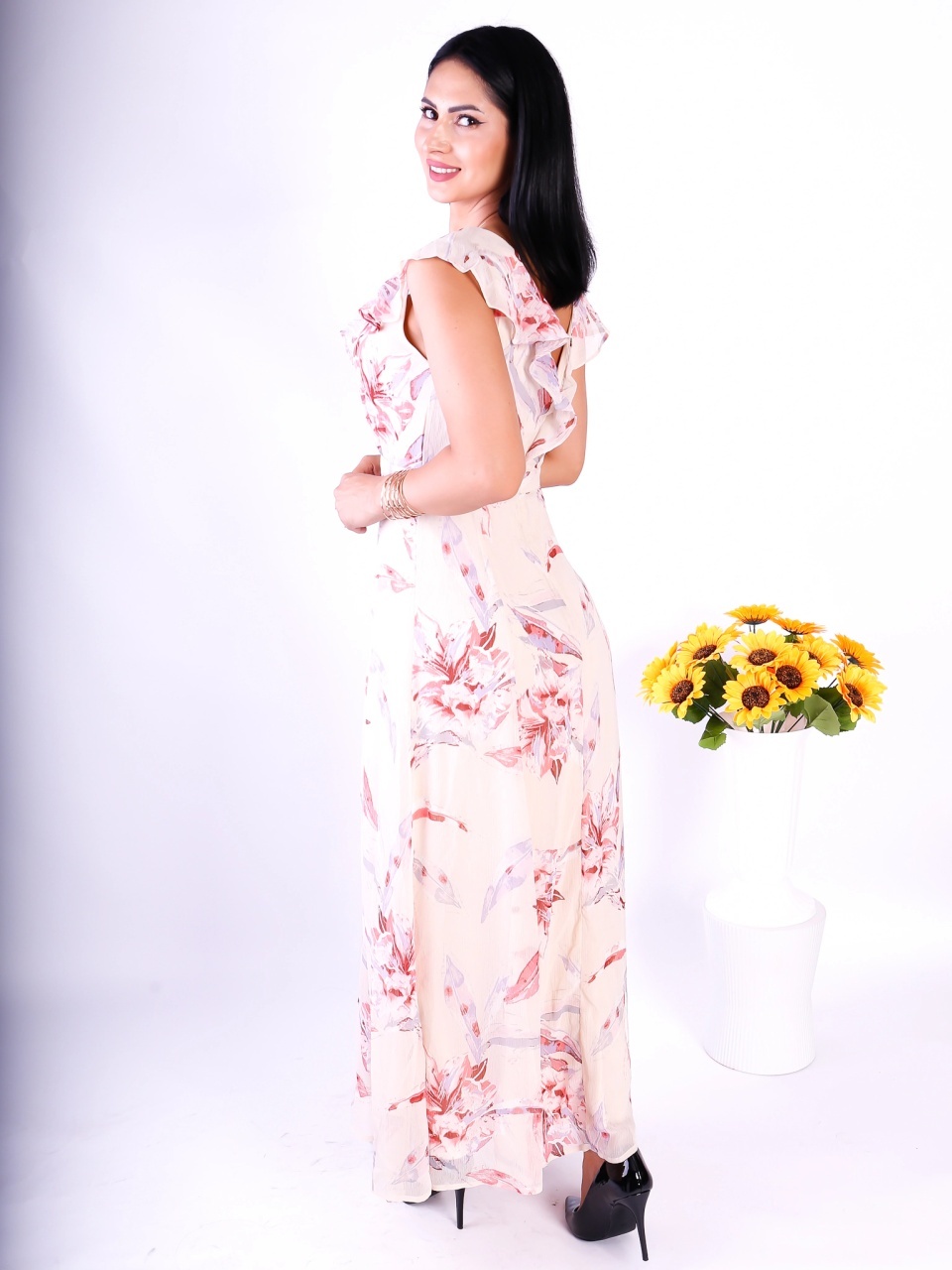 Rochie damă lungă elegantă cu imprimeu floral roz - 1 | YEO