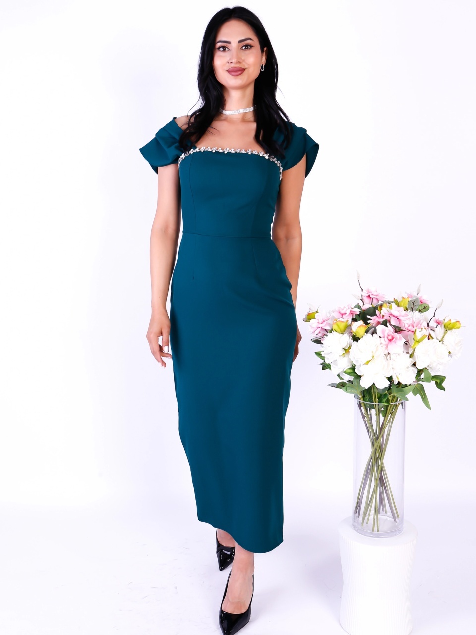 Rochie damă lungă verde, accesorizată cu pietricele - 2 | YEO