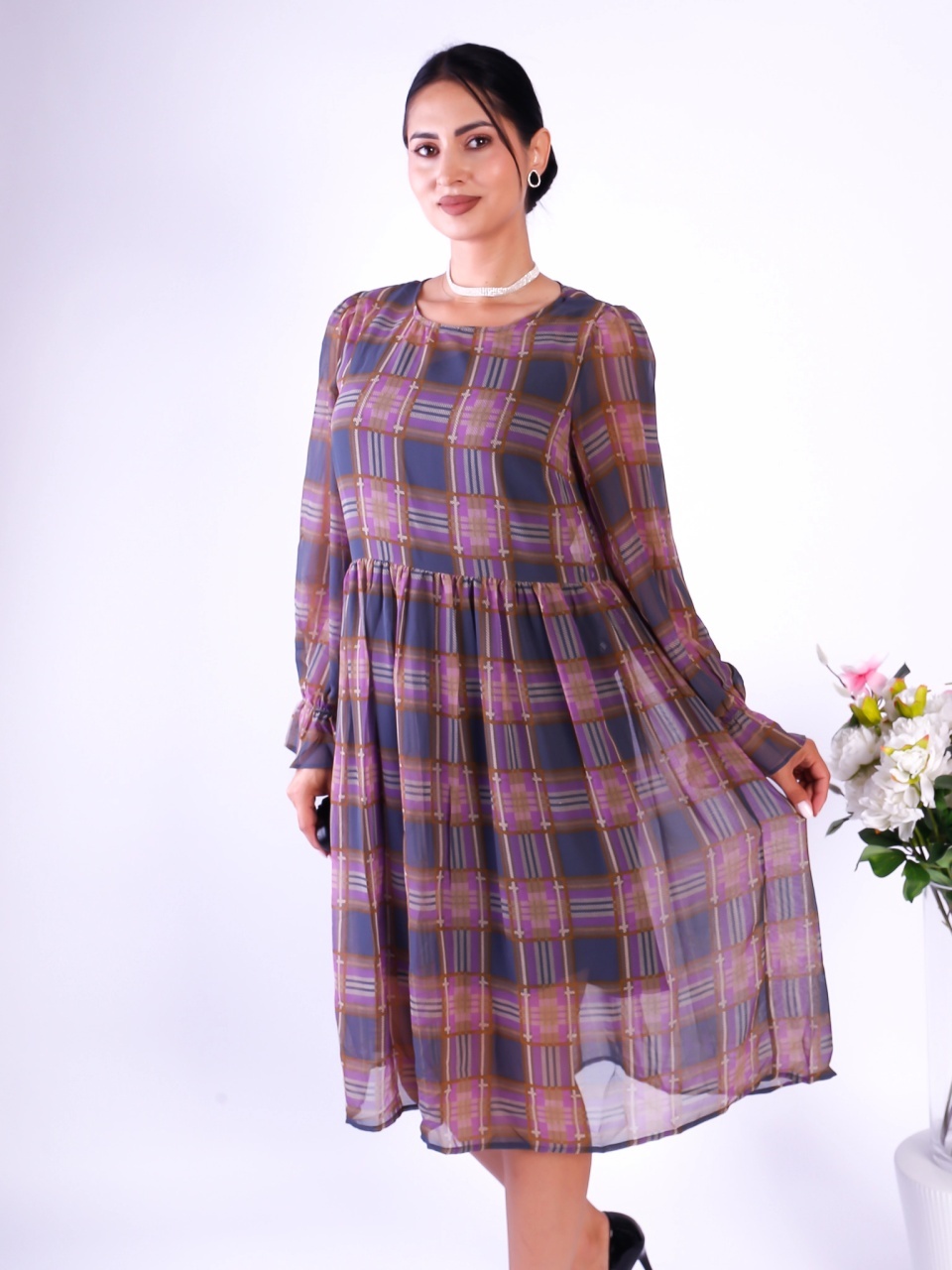 Rochie dama midi cu maneca lunga din voal in carouri Pieces Criss - 3 | YEO