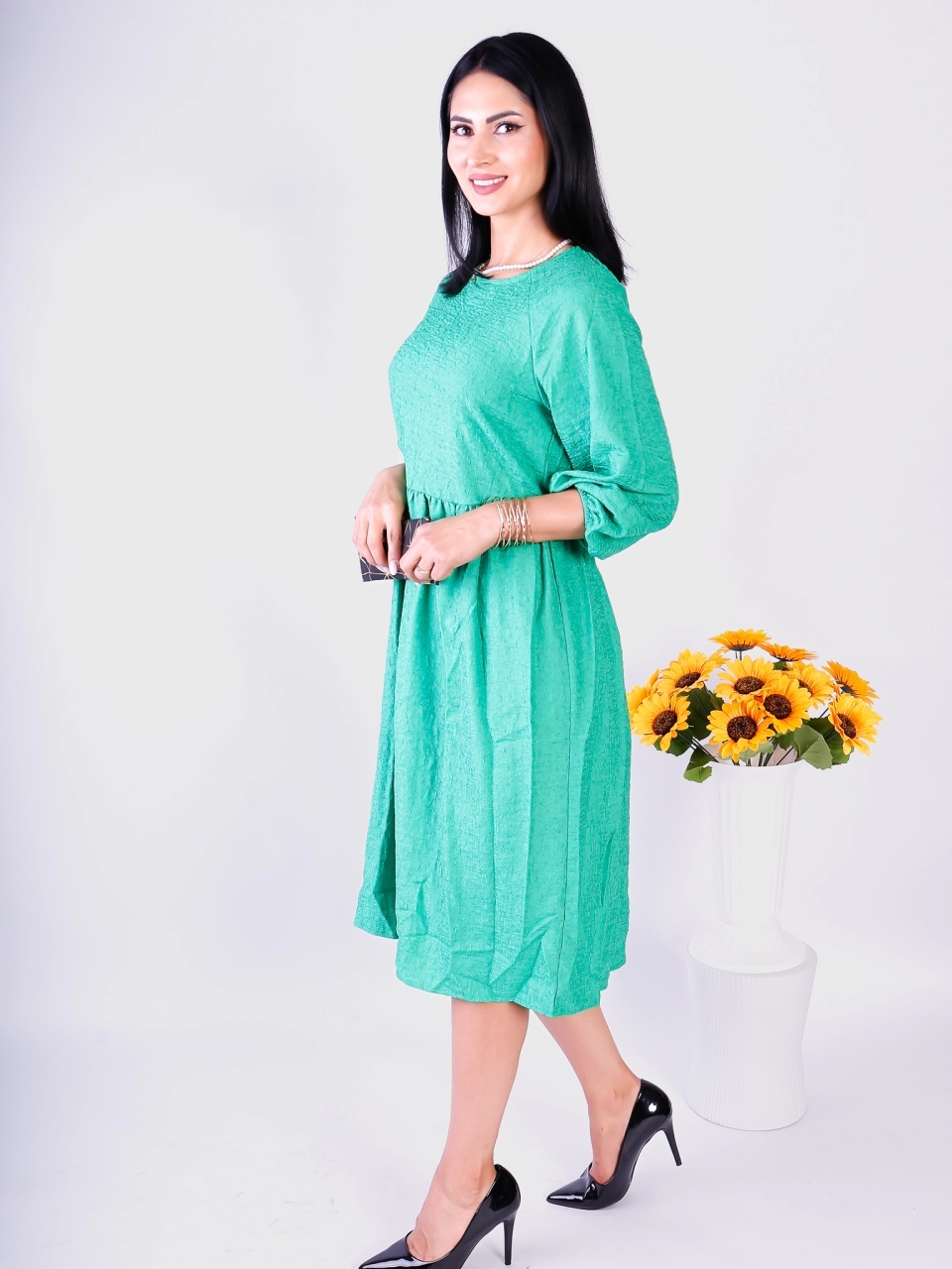 Rochie damă verde midi elegantă cu mâneci bufante - 1 | YEO
