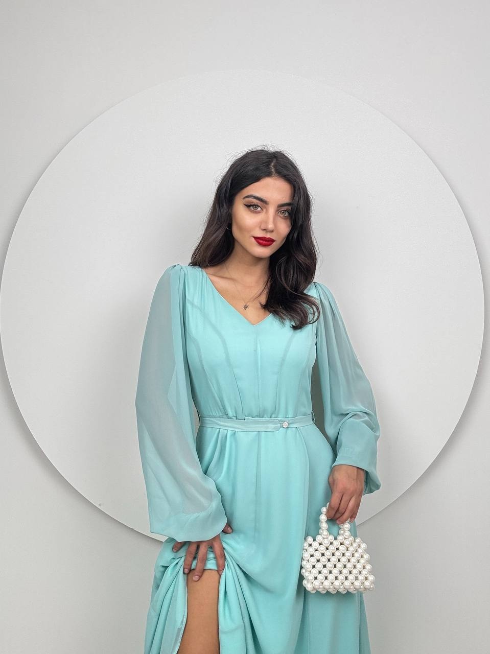 Rochie eleganta cu maneci din dantela albastru - 1 | YEO