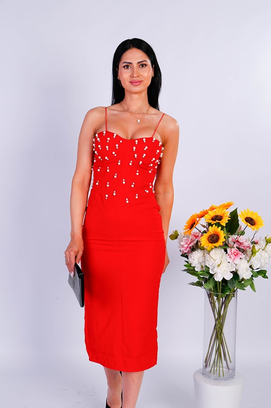 Rochie midi elegantă, rosie , cu pietricele – potrivită pentru evenimente - 3 | YEO