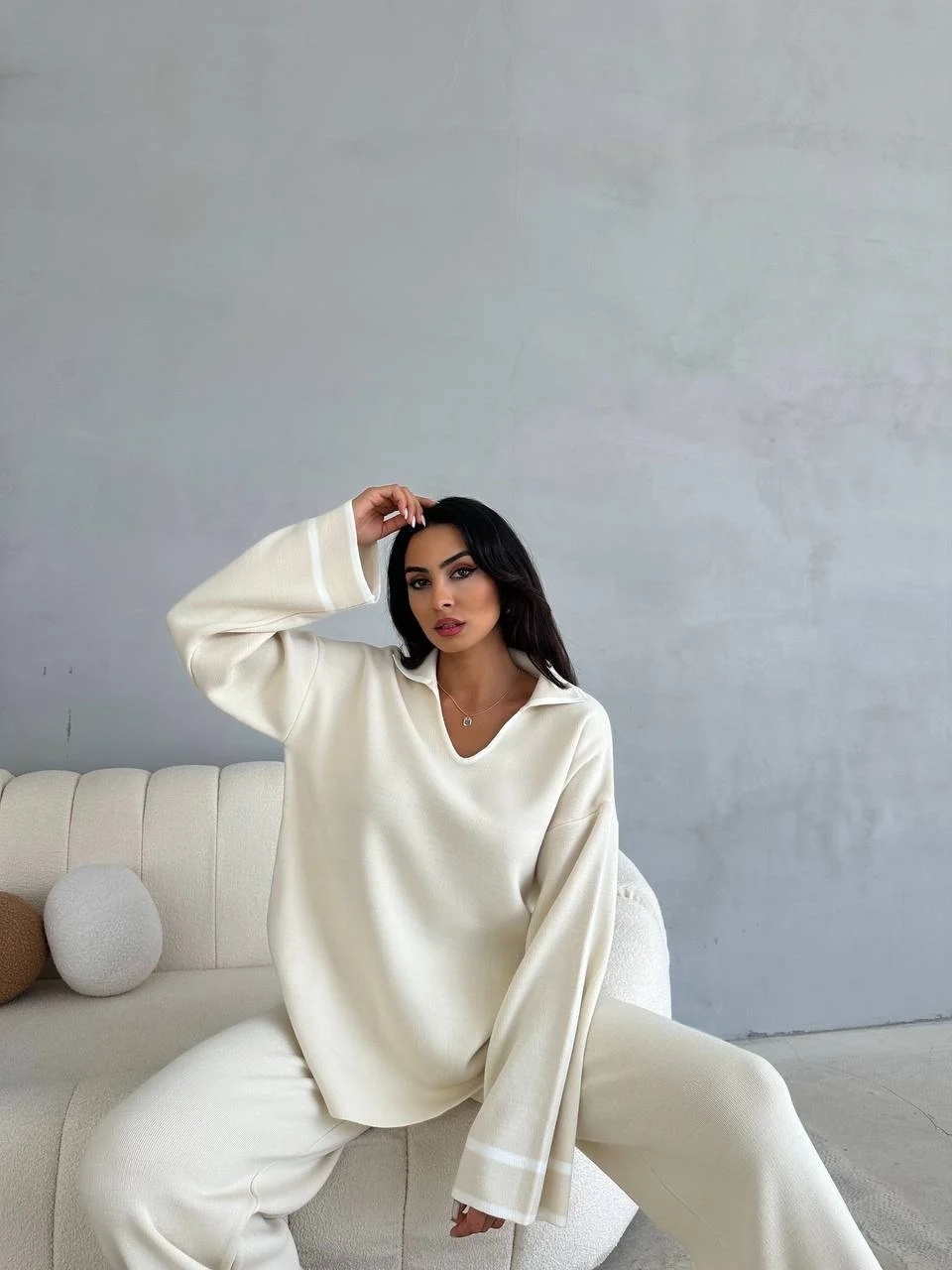 Compleu dama din tricot 2 piese Pufy Crem - 1 | YEO