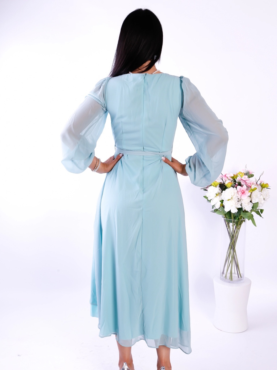 Rochie Albastră Elegantă cu Mâneci din Dantelă – Stil Feminin - 2 | YEO