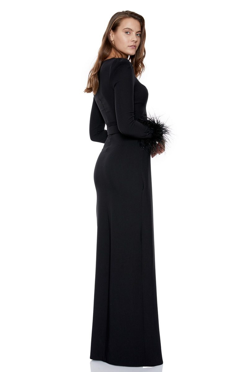 Rochie dama eleganta CARLA accesorizata la maneci si bust - negru - 1 | YEO