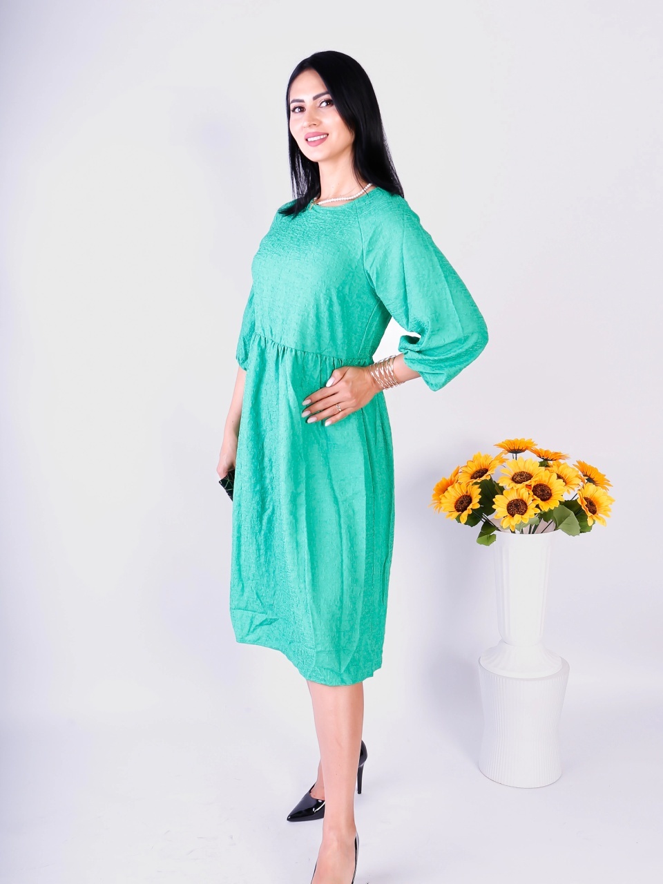 Rochie damă verde midi elegantă cu mâneci bufante - 2 | YEO
