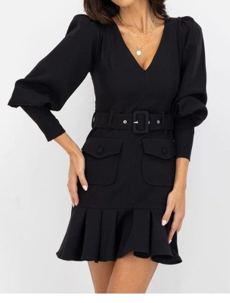 Rochie dama KING&CLOWNS neagra cu maneci bufante si accesoriu la bust