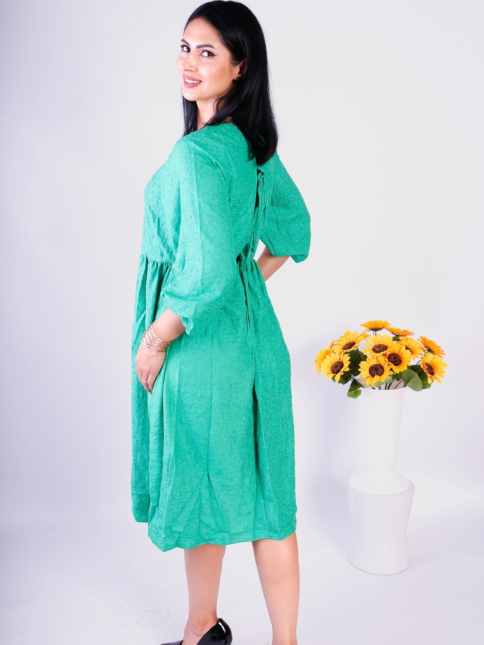 Rochie damă verde midi elegantă cu mâneci bufante - 3 | YEO