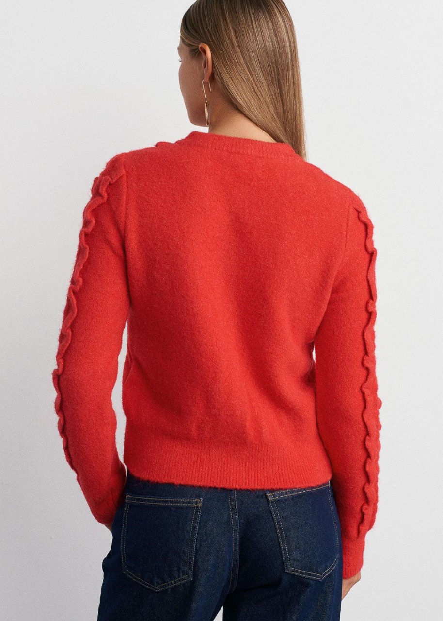 Cardigan dama Tricotat cu Volane Rosu - 1 | YEO