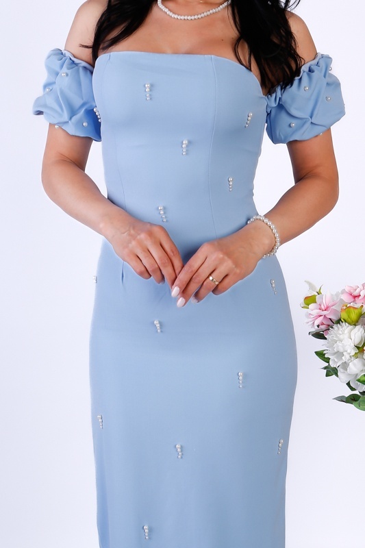 Rochie Bleo Elegantă Lunga cu Umeri Goi și Aplicații Perlate - 2 | YEO